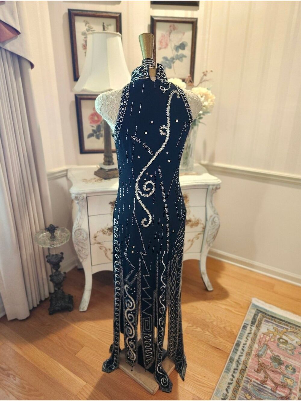 Vintage Lillie Rubin Art Deco Black & Silver Beaded Sequin Evening Dress 6 - Picture 8 of 11